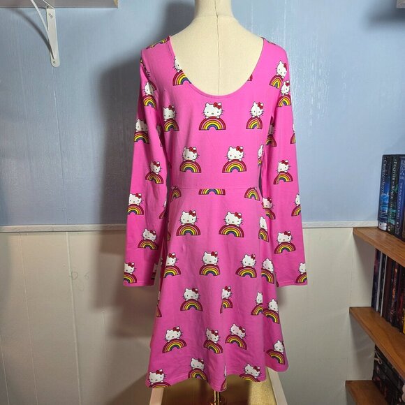 Modcloth for Hello Kitty Medium Bright Pink Rainbow Round Neck Longsleeve Dress - Picture 6 of 9